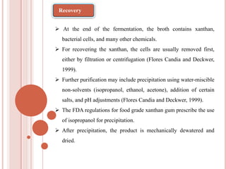  At the end of the fermentation, the broth contains xanthan,
bacterial cells, and many other chemicals.
 For recovering the xanthan, the cells are usually removed first,
either by filtration or centrifugation (Flores Candia and Deckwer,
1999).
 Further purification may include precipitation using water-miscible
non-solvents (isopropanol, ethanol, acetone), addition of certain
salts, and pH adjustments (Flores Candia and Deckwer, 1999).
 The FDA regulations for food grade xanthan gum prescribe the use
of isopropanol for precipitation.
 After precipitation, the product is mechanically dewatered and
dried.
Recovery
 