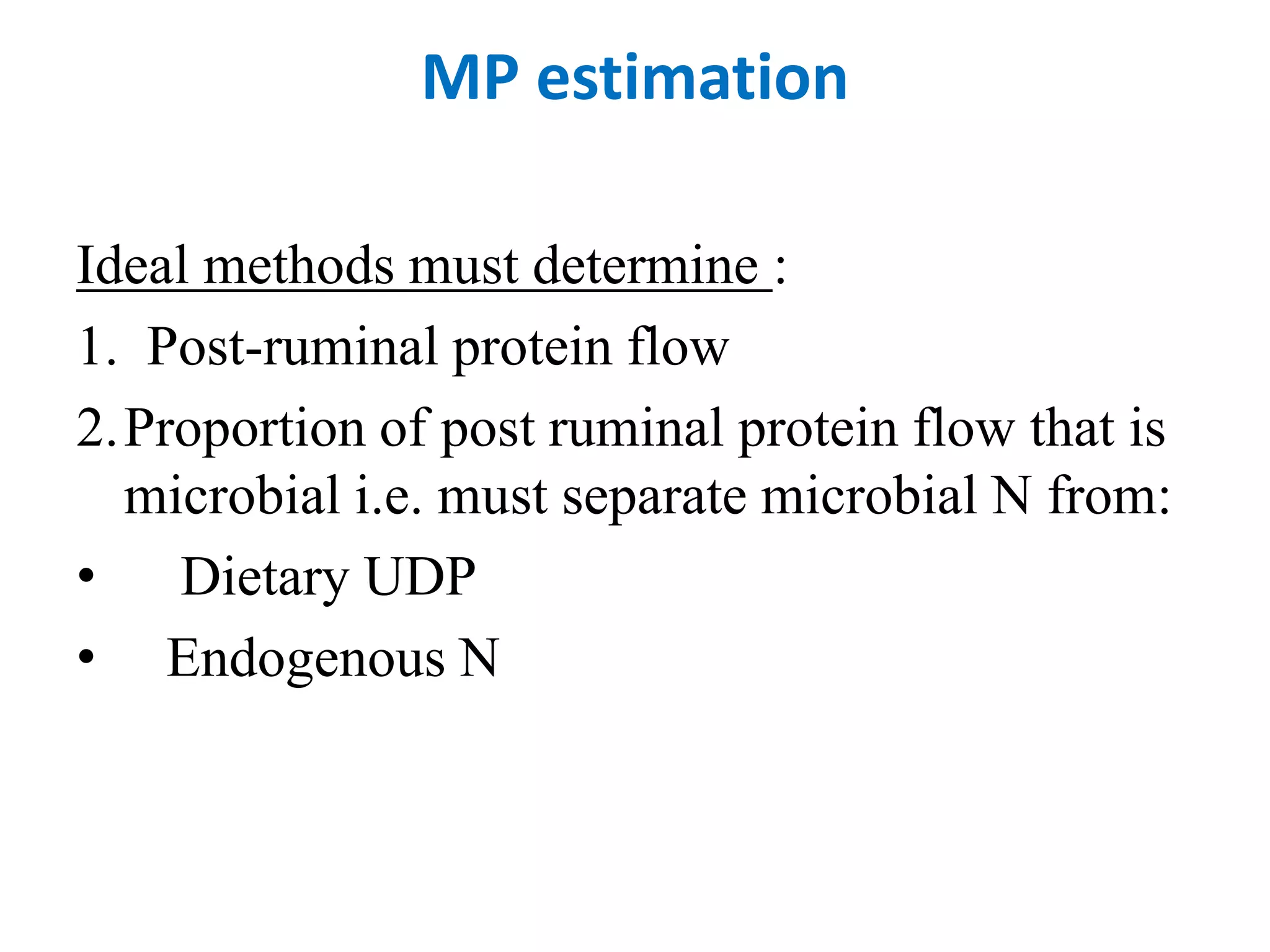MP estimation
Ideal methods must determine :
1. Post-ruminal protein flow
2.Proportion of post ruminal protein flow that is
microbial i.e. must separate microbial N from:
• Dietary UDP
• Endogenous N
 