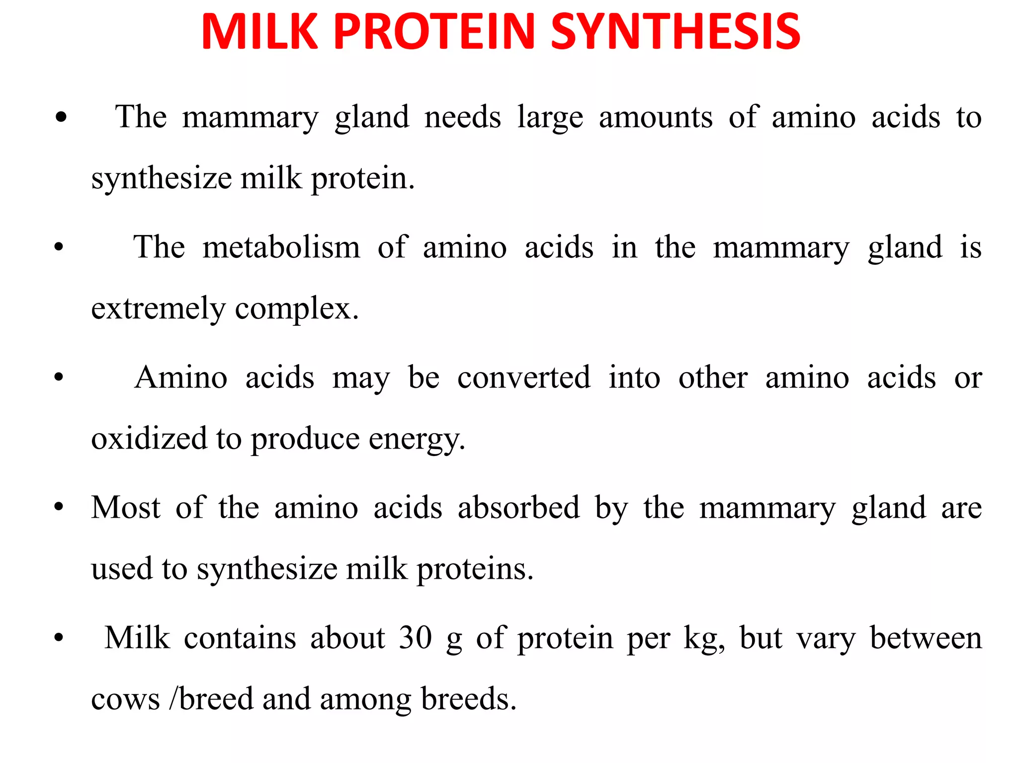 MILK PROTEIN SYNTHESIS
• The mammary gland needs large amounts of amino acids to
synthesize milk protein.
• The metabolism of amino acids in the mammary gland is
extremely complex.
• Amino acids may be converted into other amino acids or
oxidized to produce energy.
• Most of the amino acids absorbed by the mammary gland are
used to synthesize milk proteins.
• Milk contains about 30 g of protein per kg, but vary between
cows /breed and among breeds.
 