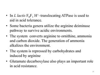 • In L lactis F0F1 H+–translocating ATPase is used to
aid in acid tolerance.
• Some bacteria genera utilize the arginine deiminase
pathway to survive acidic environments.
• The system converts arginine to ornithine, ammonia
and carbon dioxide. The generation of ammonia
alkalizes the environment.
• The system is repressed by carbohydrates and
induced by arginine
• Glutamate decarboxylase also plays an important role
in acid resistance.
28
 
