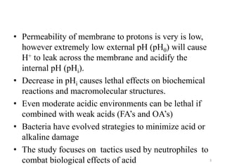 • Permeability of membrane to protons is very is low,
however extremely low external pH (pH0) will cause
H+ to leak across the membrane and acidify the
internal pH (pHi).
• Decrease in pHi causes lethal effects on biochemical
reactions and macromolecular structures.
• Even moderate acidic environments can be lethal if
combined with weak acids (FA’s and OA’s)
• Bacteria have evolved strategies to minimize acid or
alkaline damage
• The study focuses on tactics used by neutrophiles to
combat biological effects of acid 3
 