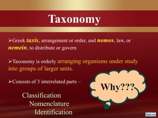 Taxonomy
Greek taxis, arrangement or order, and nomos, law, or
nemein, to distribute or govern
Taxonomy is orderly arranging organisms under study
into groups of larger units.
Consists of 3 interrelated parts –
Classification
Nomenclature
Identification
Why???
 