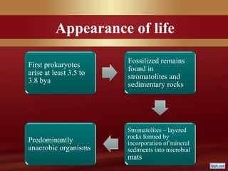 Appearance of life
First prokaryotes
arise at least 3.5 to
3.8 bya
Fossilized remains
found in
stromatolites and
sedimentary rocks
Stromatolites – layered
rocks formed by
incorporation of mineral
sediments into microbial
mats
Predominantly
anaerobic organisms
 