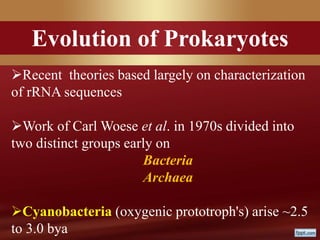 Evolution of Prokaryotes
Recent theories based largely on characterization
of rRNA sequences
Work of Carl Woese et al. in 1970s divided into
two distinct groups early on
Bacteria
Archaea
Cyanobacteria (oxygenic prototroph's) arise ~2.5
to 3.0 bya
 