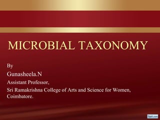 MICROBIAL TAXONOMY
By
Gunasheela.N
Assistant Professor,
Sri Ramakrishna College of Arts and Science for Women,
Coimbatore.
 