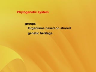 Phylogenetic system
groups
Organisms based on shared
genetic heritage.
 