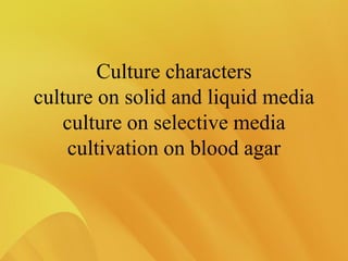 Culture characters
culture on solid and liquid media
culture on selective media
cultivation on blood agar
 