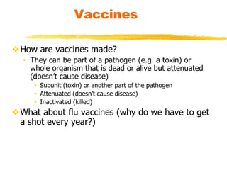 How are vaccines made?
• They can be part of a pathogen (e.g. a toxin) or
whole organism that is dead or alive but attenuated
(doesn’t cause disease)
• Subunit (toxin) or another part of the pathogen
• Attenuated (doesn’t cause disease)
• Inactivated (killed)
What about flu vaccines (why do we have to get
a shot every year?)
Vaccines
 