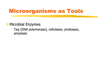 Microorganisms as Tools
Microbial Enzymes
• Taq (DNA polymerase), cellulases, proteases,
amylases
 