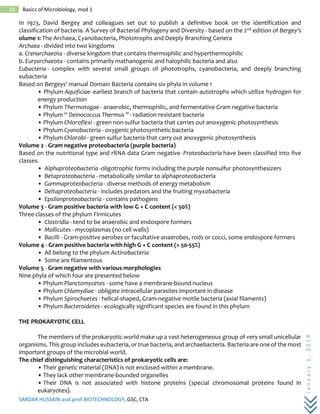 SARDAR HUSSAIN asst.prof.BIOTECHNOLOGY, GSC, CTA
January1,2018
16 Basics of Microbiology, mod 1
In 1923, David Bergey and colleagues set out to publish a definitive book on the identification and
classification of bacteria. A Survey of Bacterial Phylogeny and Diversity - based on the 2nd edition of Bergey's
olume 1: The Archaea, Cyanobacteria, Phototrophs and Deeply Branching Genera
Archaea - divided into two kingdoms
a. Crenarchaeota - diverse kingdom that contains thermophilic and hyperthermophilic
b. Euryarchaeota - contains primarily mathanogenic and halophilic bacteria and also
Eubacteria - complex with several small groups of phototrophs, cyanobacteria, and deeply branching
eubacteria
Based on Bergeys' manual Domain Bacteria contains six phyla in volume 1
• Phylum Aquificiae- earliest branch of bacteria that contain autotrophs which utilize hydrogen for
energy production
• Phylum Thermotogae - anaerobic, thermophilic, and fermentative Gram negative bacteria
• Phylum “ Deinococcus Thermus ” - radiation resistant bacteria
• Phylum Chloroflexi - green non-sulfur bacteria that carries out anoxygenic photosynthesis
• Phylum Cyanobacteria - oxygenic photosynthetic bacteria
• Phylum Chlorobi - green sulfur bacteria that carry out anoxygenic photosynthesis
Volume 2 - Gram negative proteobacteria (purple bacteria)
Based on the nutritional type and rRNA data Gram negative- Proteobacteria have been classified into five
classes.
• Alphaproteobacteria -oligotrophic forms including the purple nonsulfur photosynthesizers
• Betaproteobacteria - metabolically similar to alphaproteobacteria
• Gammaproteobacteria - diverse methods of energy metabolism
• Deltaproteobacteria - includes predators and the fruiting myxobacteria
• Epsilonproteobacteria - contains pathogens
Volume 3 - Gram positive bacteria with low G + C content (< 50%)
Three classes of the phylum Firmicutes
• Clostridia - tend to be anaerobic and endospore formers
• Mollicutes - mycoplasmas (no cell walls)
• Bacilli - Gram-positive aerobes or facultative anaerobes, rods or cocci, some endospore formers
Volume 4 - Gram positive bacteria with high G + C content (> 50-55%)
• All belong to the phylum Actinobacteria
• Some are filamentous
Volume 5 - Gram negative with various morphologies
Nine phyla of which four are presented below
• Phylum Planctomycetes - some have a membrane-bound nucleus
• Phylum Chlamydiae - obligate intracellular parasites important in disease
• Phylum Spirochaetes - helical-shaped, Gram-negative motile bacteria (axial filaments)
• Phylum Bacteroidetes - ecologically significant species are found in this phylum
THE PROKARYOTIC CELL
The members of the prokaryotic world make up a vast heterogeneous group of very small unicellular
organisms. This group includes eubacteria, or true bacteria, and archaebacteria. Bacteria are one of the most
important groups of the microbial world.
The chief distinguishing characteristics of prokaryotic cells are:
• Their genetic material (DNA) is not enclosed within a membrane.
• They lack other membrane-bounded organelles
• Their DNA is not associated with histone proteins (special chromosomal proteins found in
eukaryotes).
 