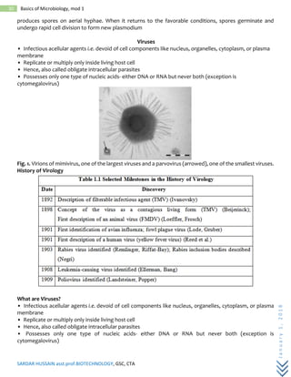 SARDAR HUSSAIN asst.prof.BIOTECHNOLOGY, GSC, CTA
January1,2018
30 Basics of Microbiology, mod 1
produces spores on aerial hyphae. When it returns to the favorable conditions, spores germinate and
undergo rapid cell division to form new plasmodium
Viruses
• Infectious acellular agents i.e. devoid of cell components like nucleus, organelles, cytoplasm, or plasma
membrane
• Replicate or multiply only inside living host cell
• Hence, also called obligate intracellular parasites
• Possesses only one type of nucleic acids- either DNA or RNA but never both (exception is
cytomegalovirus)
Fig. 1. Virions of mimivirus, one of the largest viruses and a parvovirus (arrowed), one of the smallest viruses.
History of Virology
What are Viruses?
• Infectious acellular agents i.e. devoid of cell components like nucleus, organelles, cytoplasm, or plasma
membrane
• Replicate or multiply only inside living host cell
• Hence, also called obligate intracellular parasites
• Possesses only one type of nucleic acids- either DNA or RNA but never both (exception is
cytomegalovirus)
 