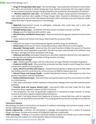 SARDAR HUSSAIN asst.prof.BIOTECHNOLOGY, GSC, CTA
January1,2018
3 Basics of Microbiology, mod 1
• Sergei N. Winogradsky (1856-1953) – Soil microbiology – discovered that soil bacteria could oxidize
iron, sulfur and ammonia to obtain energy and many bacteria incorporate CO2 into organic matter.
He also isolated anaerobic nitrogen fixing soil bacteria and studied the decomposition of cellulose.
• Martinus Beijerinck (1851-1931) – He isolated aerobic nitrogen fixing bacterium Azotobacte r, a
root nodule bacterium also capable of fixing nitrogen (later renamed as Rhizobium ); and sulfate
reducing bacteria. Both of them developed enrichment culture technique and use of selective media,
which have been of great importance in microbiology.
Virology:
• Beijerinck characterized viruses as pathogenic molecules that could take over a host cells
mechanisms for their own use
• Wendell Stanley (1935) – crystallized TMV and crystals consisted of protein and RNA.
• Viruses were first observed with an EM in 1939.
• Alfred Hershey and Martha Chase (1952) – demonstrated that the genetic material of some viruses
is DNA
• James Watson and Francis Crick (1953) -determined the structure of DNA
Chemotherapy:
• There are two types of chemotherapeutic agents: synthetic drugs and antibiotics.
• Elrlich (1910) introduced an arsenic containing chemical called Salvarsan to treat Syphilis.
• Alexander Fleming (1928) – observed that the mold Penicillium inhibited the growth of bacteria
and named the active ingredient as penicillin. Penicillin has been used clinically as an antibiotic since
the 1940s. Domagk and others developed sulfa drugs.
• Waksman and others developed Streptomycin and other antibiotics derived from soil organisms.
• Researchers are tackling the problem of drug-resistant microbes.
Genetics and Molecular Biology:
• 1900 – Modern genetics began with the rediscovery of Gregor Mendel's principles of genetics.
• Frederick Griffith (1928) - discovered that previously harmless bacteria could change their nature
and become capable of causing disease
• Avery, McCarty and MacLeod (1940's) – showed that this genetic change was due to DNA. After
this finding came the crucial discovery of the structure of DNA by Watson and Crick
• Edward Tatum and George Beadle – studied biochemical mutants of Neurospora to show how
genetic information controls metabolism.
• Barbara McClintock (1950) – discovered that some genes could move from one location to another
on a chromosome.
• Early 1960's witnessed a further explosion of discoveries relating to the way DNA controls protein
synthesis.
• Francois Jacob and Jacques Monod (1961) – discovered mRNA and later made the first major
discoveries about regulation of gene function in bacteria.
• Microorganisms can now be genetically engineered to manufacture large amounts of human
hormones and other urgently needed medical substances.
• Late 1960's Paul Berg showed that fragments of human or animal DNA that code for important
proteins can be attached to bacterial DNA. The resulting hybrid was the first example of recombinant
DNA.
Tomorrow's history:
Microbiology has been in the forefront of research in medicine and biology and continues to play a role in
Genetic engineering and Gene therapy.
Genetic engineering – scientists are attempting to redesign microorganisms for a variety of purposes
(drugs, hormones, vaccines and a variety of biologically important compounds)
rDNA technology – enabling us to produce improved varieties of plants and animals such as pest-resistant
crops and may even enable us to correct genetic defects in human beings.
 