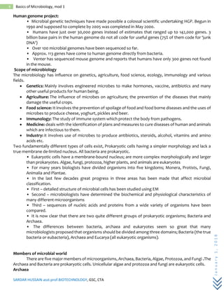 SARDAR HUSSAIN asst.prof.BIOTECHNOLOGY, GSC, CTA
January1,2018
4 Basics of Microbiology, mod 1
Human genome project:
• Microbial genetic techniques have made possible a colossal scientific undertaking HGP. Begun in
1990 and supposed to complete by 2005 was completed in May 2000.
• Humans have just over 30,000 genes instead of estimates that ranged up to 142,000 genes. 3
billion base pairs in the human genome do not all code for useful genes (75% of them code for ‘junk
DNA')
• Over 100 microbial genomes have been sequenced so far.
• Approx. 113 genes have come to human genome directly from bacteria.
• Venter has sequenced mouse genome and reports that humans have only 300 genes not found
in the mouse.
Scope of microbiology
The microbiology has influence on genetics, agriculture, food science, ecology, immunology and various
fields.
 Genetics: Mainly involves engineered microbes to make hormones, vaccine, antibiotics and many
other useful products for human being.
 Agriculture: The influence of microbes on agriculture; the prevention of the diseases that mainly
damage the useful crops.
 Food science: It involves the prevention of spoilage of food and food borne diseases and the uses of
microbes to produce cheese, yoghurt, pickles and beer.
 Immunology: The study of immune system which protect the body from pathogens.
 Medicine: deals with the identification of plans and measures to cure diseases of human and animals
which are infectious to them.
 Industry: it involves use of microbes to produce antibiotics, steroids, alcohol, vitamins and amino
acids etc.
Two fundamentally different types of cells exist, Prokaryotic cells having a simpler morphology and lack a
true membrane de-limited nucleus. All bacteria are prokaryotic.
• Eukaryotic cells have a membrane-bound nucleus; are more complex morphologically and larger
than prokaryotes. Algae, fungi, protozoa, higher plants, and animals are eukaryotes
• For many years biologists have divided organisms into five kingdoms; Monera, Protists, Fungi,
Animalia and Plantae.
• In the last few decades great progress in three areas has been made that affect microbial
classification.
• First – detailed structure of microbial cells has been studied using EM
• Second – microbiologists have determined the biochemical and physiological characteristics of
many different microorganisms
• Third – sequences of nucleic acids and proteins from a wide variety of organisms have been
compared.
• It is now clear that there are two quite different groups of prokaryotic organisms; Bacteria and
Archaea.
• The differences between bacteria, archaea and eukaryotes seem so great that many
microbiologists proposed that organisms should be divided among three domains; Bacteria (the true
bacteria or eubacteria), Archaea and Eucarya (all eukaryotic organisms).
Members of microbial world
There are five major members of microorganisms, Archaea, Bacteria, Algae, Protozoa, and Fungi .The
Archaea and Bacteria are prokaryotic cells. Unicellular algae and protozoa and fungi are eukaryotic cells.
Archaea
 