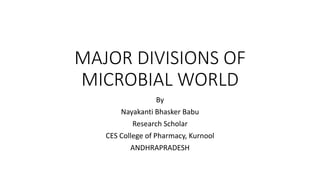MAJOR DIVISIONS OF
MICROBIAL WORLD
By
Nayakanti Bhasker Babu
Research Scholar
CES College of Pharmacy, Kurnool
ANDHRAPRADESH
 