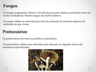 Fungos
−
Os fungos (cogumelos, bolores e leveduras) possuem células eucarióticas (com um
núcleo verdadeiro). Muitos fungos são multi-celulares.
−
Os fungos obtêm os nutrientes por meio da absorção de material orgânico do
ambiente em que vivem.
Protozoários
−
Os protozoários são seres eucarióticos unicelulares.
−
Os protozoários obtêm seus alimentos pela absorção ou ingestão através de
estruturas especializadas.
 
