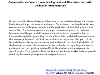 Recent scientific advances have greatly enhanced our understanding of the complex
link between the gut microbiome and cancer. Gut dysbiosis is an imbalance between
commensal and pathogenic bacteria and the production of microbial antigens and
metabolites. The immune system and the gut microbiome interact to maintain
homeostasis of the gut, and alterations in the microbiome composition lead to
immune dysregulation, promoting chronic inflammation and development of tumors.
Gut microorganisms and their toxic metabolites may migrate to other parts of the
body via the circulatory system, causing an imbalance in the physiological status of
the host and secretion of various neuroactive molecules through the gut-brain axis,
gut-hepatic axis, and gut-lung axis to affect inflammation and tumorigenesis in
specific organs. Thus, gut microbiota can be used as a tumor marker and may provide
new insights into the pathogenesis of malignant tumors
Gut microbiota influence tumor development and Alter interactions with
the human immune system
Journal of Experimental & Clinical Cancer
Research volume 40, Article number: 42 (2021)
 