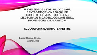 UNIVERSIDADE ESTADUAL DO CEARÁ
CENTRO DE CIÊNCIAS DA SAÚDE
CURSO DE CIÊNCIAS BIOLÓGICAS
DISCIPLINA DE MICROBIOLOGIA AMBIENTAL
PROFESSORA: LYDIA PANTOJA
ECOLOGIA MICROBIANA TERRESTRE
Equipe: Raianna Oliveira
Viviane Lemos
 