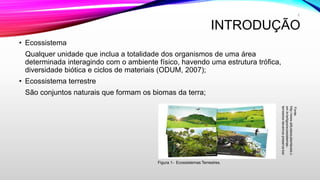 INTRODUÇÃO
• Ecossistema
Qualquer unidade que inclua a totalidade dos organismos de uma área
determinada interagindo com o ambiente físico, havendo uma estrutura trófica,
diversidade biótica e ciclos de materiais (ODUM, 2007);
• Ecossistema terrestre
São conjuntos naturais que formam os biomas da terra;
2
Figura 1- Ecossistemas Terrestres.
Fonte:
http://www.atitudessustentaveis.c
om.br/artigos/ecossistemas-
terrestres-devemos-preserva-los/
 