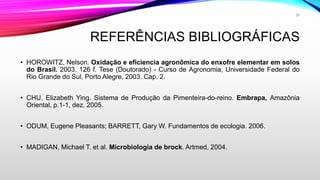 REFERÊNCIAS BIBLIOGRÁFICAS
• HOROWITZ, Nelson. Oxidação e eficiencia agronômica do enxofre elementar em solos
do Brasil. 2003. 126 f. Tese (Doutorado) - Curso de Agronomia, Universidade Federal do
Rio Grande do Sul, Porto Alegre, 2003. Cap. 2.
• CHU, Elizabeth Ying. Sistema de Produção da Pimenteira-do-reino. Embrapa, Amazônia
Oriental, p.1-1, dez. 2005.
• ODUM, Eugene Pleasants; BARRETT, Gary W. Fundamentos de ecologia. 2006.
• MADIGAN, Michael T. et al. Microbiologia de brock. Artmed, 2004.
29
 