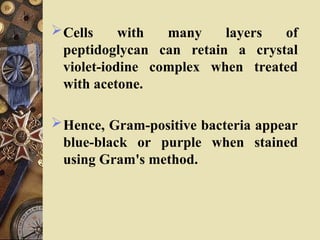 Cells with many layers of
peptidoglycan can retain a crystal
violet-iodine complex when treated
with acetone.
Hence, Gram-positive bacteria appear
blue-black or purple when stained
using Gram's method.
 
