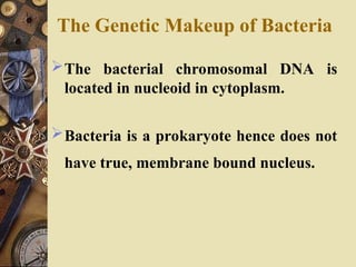 The Genetic Makeup of Bacteria
The bacterial chromosomal DNA is
located in nucleoid in cytoplasm.
Bacteria is a prokaryote hence does not
have true, membrane bound nucleus.
 