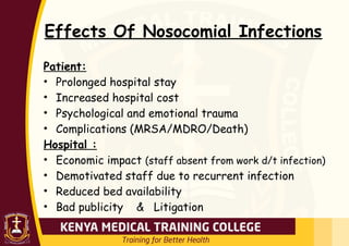 Effects Of Nosocomial Infections
Patient:
• Prolonged hospital stay
• Increased hospital cost
• Psychological and emotional trauma
• Complications (MRSA/MDRO/Death)
Hospital :
• Economic impact (staff absent from work d/t infection)
• Demotivated staff due to recurrent infection
• Reduced bed availability
• Bad publicity & Litigation
 