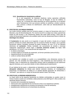 Microbiología y Medios de Cultivo – Práctica de Laboratorio 
112 
5.5.2. Sensibilización fotodinámica artificial: 
Si a una suspensión de bacterias añadimos ciertos pigmentos artificiales fluorescentes (colorantes), como el rosa de Bengala, el azul de metileno, la eosina, etc., la energía del visible absorbida por dichos pigmentos no la reemiten como fluorescencia, sino que provoca cambios en proteínas y ácidos nucleicos. Esto conduce a efectos de esterilización, sobre todo por desnaturalización de proteínas. 
VI. EFECTOS DE LAS ONDAS SONORAS. 
Las ondas sonoras audibles para los humanos poseen un rango de frecuencias entre los 9 kilociclos y los 20 kilociclos/segundo. Por encima de 20 Kc se sitúan las ondas supersónicas (hasta los 200 Kc/seg.) y las ultrasónicas (desde 200 hasta 2000 Kc/seg.). Estos tipos de ondas de frecuencias superiores a las audibles (sobre todo las ultrasónicas) tienen el efecto de desintegrar las células. 
El fundamento de esta acción es el siguiente: el paso del sonido a través de un líquido produce cambios de presión alternantes (por los sucesivos frentes de ondas), que a grandes frecuencias originan cavidades (burbujas de gases disueltos) de unos 10 m de diámetro (fenómeno de cavitación). Dichas cavidades van aumentando de tamaño y terminan colapsando violentamente, dando lugar a enormes presiones locales (de hasta 1000 atmósferas o 10 Tm/cm2). Las consecuencias del colapso son: 
 la célula se desintegra; 
 si existe oxígeno en el líquido de suspensión, se forman peróxidos (como el H2O2); 
 despolimerización de macromoléculas; 
 cortes en ambas hebras del ADN. 
Las bacterias son variables en cuanto a su susceptibilidad a las vibraciones sonoras. En general, son más sensibles las Gram-negativas y más resistentes las Gram-positivas. Sin embargo, ante un tratamiento por ultrasonidos siempre cabe la posibilidad de que sobrevivan algunos individuos, por lo que este método no tiene utilidad para la esterilización. 
El uso habitual de los supra- y ultrasonidos en laboratorio es para la llamada "sonicación" o disrupción ultrasónica de células para obtener extractos celulares, en investigaciones bioquímicas. El tratamiento se realiza en un aparato llamado generador de ultrasonidos o "sonicador", que opera en un rango de frecuencias desde 9 hasta 100 Kc/seg. 
VII. EFECTO DE LA PRESION HIDROSTATICA. 
La mayor parte de las especies bacterianas de hábitats continentales no pueden crecer (e incluso mueren) cuando son sometidas a altas presiones (unos 600 Kg/cm2). Ello se debe a los siguientes efectos adversos: 
 aumento de la viscosidad del citoplasma; 
 disminución de la capacidad de las enzimas de unirse a sus respectivos sustratos; 
 (posiblemente) interferencia en procesos de transporte a nivel de membrana; 
 (posiblemente) interferencia en la biosíntesis de proteínas;  