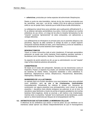 Ramirez - Balqui 
145 
 cefamicinas, producidas por ciertas especies del actinomiceto Streptomyces. 
Desde un punto de vista biosintético, derivan de los dos mismos aminoácidos que las penicilinas, pero aquí, uno de los metilos (-CH3) de la valina se incorpora al anillo en vez de quedar fuera, haciendo que el anillo B sea el anillo dihidrotiazina. 
La cefalosporina natural tiene poca actividad, pero sustituyendo artificialmente R1 y R2 se obtienen derivados semisintéticos muy activo. Como es habitual con muchos antibióticos de uso clínico, a lo largo de los años la industria farmacéutica ha ido "creando" sucesivas "generaciones" de estos compuestos, con aplicaciones y ventajas diferentes: 
Las cefalosporinas se introdujeron en principio para uso en pacientes alérgicos a las penicilinas. Algunas de ellas combinan la ventaja de tener un amplio espectro (incluyendo bacterias difíciles de tratar, como Haemophilus) y el de ser resistentes a las -lactamasas de muchas bacterias Gram-negativas. 
MONOBACTÁMICOS 
Tienen un núcleo monocíclico (sólo el anilo -lactámico). El derivado semisintético aztreonam se puede usar contra bacterias Gram-negativas aerobias (estrictas o facultativas) como Haemophilus, Neisseria, Pseudomonas y Enterobacterias. 
Su espectro de acción estrecho es útil, ya que su administración vía oral "respeta" mejor la flora intestinal autóctona del paciente. 
CARBEPÉNICOS 
Se basan en el núcleo del carbapeném. Ejemplos son las tienamicinas (como el imipeném). Poseen un espectro muy amplio, con actividad intensa contra casi todas las bacterias de interés médico, incluyendo resistentes a otros antibióticos ß- lactámicos: Staphylococcus aureus, Streptococcus, Pseudomonas, Bacteroides, Haemophilus, Neisseria, etc. 
INHIBIDORES DE LA -LACTAMASA 
Un ejemplo típico es el ácido clavulánico (una oxa--lactama): tiene poca actividad como antibiótico, pero se une a las -lactamasas, inactivándolas irreversiblemente. Actualmente los médicos lo recetan con frecuencia en combinación con alguna ampicilina (una aminopenicilina, como vimos): la mezcla ampicilina + clavulánico tiene efectos sinérgicos (se potencian el uno al otro). El clavulánico pasa fácilmente a través de porinas al espacio periplásmico de muchas bacterias Gram-negativas, donde se acumula, y allí inactiva a las -lactamasas; mientras tanto, la ampicilina, "salvada" de la inactivación de las lactamasas, puede ejercer su efecto bactericida (por bloqueo de la transpeptidación del PG). 
6.2. ANTIBIOTICOS QUE ACTUAN SOBRE LA MEMBRANA CELULAR. 
A diferencia de los antibióticos que actúan a nivel de pared, los que interfieren con la membrana celular ejercen sus efectos independientemente de que el microorganismo  