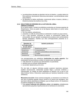Ramirez - Balqui 
149 
 Las tetraciclinas naturales se absorben mal por el intestino, y pueden destruir la flora autóctona, favoreciendo infecciones secundarias. Las semisintéticas evitan este problema. 
 Se depositan en tejidos calcificados, ocasionando daños a huesos y dientes, y tiñendo los dientes de amarillo en los niños. 
6.3.2. INDUCTORES DE ERRORES EN LA LECTURA DEL ARNm. 
AMINOGLUCÓSIDOS. 
Es un grupo amplio y variado de antibióticos producidos por diversas especies de Streptomyces. Como se puede ver en las figuras, todos tienen en común varios rasgos químicos: 
 son muy polares, policatiónicos; 
 presentan un anillo de aminociclitol (un ciclohexitol o inositol con grupo amino); 
 uno o más azúcares, incluyendo al menos un aminoazúcar (aparte del aminociclitol). Así, por ejemplo, la estreptomicina contiene como aminociclitol la llamada estreptidina, mientras que otros aminoglucósidos presentan la 2- desoxiestreptamina). 
Ejemplos de aminoglucósidos de uso clínico 
bacteria productora 
Estreptomicina 
Streptomyces griseus 
Kanamicina 
S. kanamyceticus 
Amikacinas 
(derivados semisintéticos de la kanamicina) 
Neomicina 
S. fradiae 
Gentamicina 
Micromonospora purpurea 
Los aminoglucósidos son antibióticos bactericidas de amplio espectro. Sus propiedades farmacocinéticas se deben al carácter polar del policatión: 
 mala absorción vía oral (hay que administrarlos vía parenteral); 
 penetran poco en el fluido cerebroespinal; 
 se excretan rápidamente por la orina. 
Por otro lado, en algunos individuos pueden ocasionar reacciones adversas: parálisis neuromuscular, ototoxicidad (pueden llegar a provocar sorderas) y nefrotoxicidad. Su margen de dosis terapéutica es estrecho, por lo que su uso debe limitarse frente a infecciones ocasionadas por bacterias resistentes a otros antibióticos. 
Mecanismo de acción: Como veremos enseguida, su mecanismo no se limita a lo que dice el presente epígrafe (inducir errores en la lectura del mensajero), sino que tienen efectos pleiotrópicos (múltiples), que se influyen entre sí. El mecanismo lo podemos desglosar en varias fases: 
1. Unas pocas moléculas del antibiótico entran a la bacteria, probablemente aprovechando pequeñas imperfecciones de la membrana en crecimiento;  