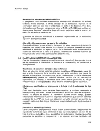 Ramirez - Balqui 
159 
Mecanismo de extrusión activa del antibiótico 
El ejemplo más típico estriba en la resistencia a las tetraciclinas desarrollada por muchas bacterias. Como sabemos, el efecto inhibidor de las tetraciclinas depende de la acumulación activa de este tipo de antibióticos por parte de las bacterias. Pues bien, ciertos plásmidos R poseen transposones (como el Tn10 o el Tn1721) que codifican un sistema para "bombear" tetraciclina desde el interior bacteriano hacia el exterior, en contra del gradiente de concentración. 
Igualmente se conocen resistencias a sulfamidas dependientes de un mecanismo específico de impermeabilidad. 
Alteración del mecanismo de transporte del antibiótico 
Cuando el antibiótico accede al interior bacteriano por algún mecanismo de transporte específico, una mutación que afecte a dicho sistema de transporte supondrá una mayor resistencia al antibiótico. Por ejemplo, en E. coli la cicloserina entra aprovechando el sistema de transporte de la valina o la glicocola. Determinados mutantes incapaces de transportar estos aminoácidos son resistentes a la cicloserina. 
9.2. INACTIVACION ENZIMATICA DEL ANTIBIOTICO. 
Este tipo de mecanismo depende en muchos casos de plásmidos R. Los ejemplos típicos son las resistencias a -lactámicos, la resistencia al cloranfenicol y las resistencias a aminoglucósidos. 
Resistencia a -lactámicos por acción de -lactamasas 
Como ya sabemos, ciertas bacterias producen penicilinasa (-lactamasa), capaz de abrir el anillo -lactámico de la penicilina para dar ácido peniciloico, que carece de actividad antibacteriana. Lo mismo ocurre con las cefalosporinas, donde la -lactamasa (cefalosporinasa) genera un producto inestable inactivo que se descompone rápidamente. Sin embargo, la naturaleza de la cadena lateral (grupo acilo, R) influye notablemente en la susceptibilidad de rotura del anillo -lactámico por las lactamasas. 
-lactamasas codificadas por cromosoma y de bajo nivel (-lactamasas de tipo TEM). 
Están muy distribuidas entre bacterias Gram-negativas, y confieren resistencia a cefalosporinas y penicilinas. La base de la resistencia en muchos casos es la siguiente: cuando se expone la bacteria al -lactámico durante mucho tiempo, pueden seleccionarse determinadas mutaciones en genes cromosómicos que codifican proteínas parecidas de tipo PBP, de modo que adquieren un fuerte promotor que permite su expresión a alto nivel. Este tipo de -lactamasa es excretada al medio, donde inactiva al antibiótico. 
-lactamasas de origen plasmídico. 
En la Gram-positiva Staphylococcus aureus existen cuatro variantes, responsables del espectacular aumento de cepas resistentes de esta especie surgidas en los años 50. Se trata de enzimas inducibles: el gen que codifica la -lactamasa se induce por pequeñas cantidades de penicilina o cefalosporina, y se producen enormes cantidades del  