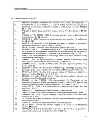 Ramirez - Balqui 
163 
REFERENCIA BIBLIOGRAFICAS 
1). ABRAHAM, E.P. (1981): Antibióticos beta-lactámicos. Inv. y Ciencia 59 (agosto): 30-41. 
2). AHARONOVWITZ, Y., G. COHEN, J.F. MARTIN (1992): Penicillin and cephalosporin biosinthetic genes: structure, organization, regulation and evolution. Annu. Rev. Microbiol. 46: 461-496. 
3). ANRAKU, Y. (1988): Bacterial electron transport chains. Ann. Rev. Biochem. 57: 101- 132. 
4). ANRAKU, Y., R.B. GENNIS (1987): The aerobic respiratory chain of Escherichia coli. Trends Biochem. Sci. 12: 262- 266. 
5). BAARBER, J. (1987): Photosynthetic reaction centres: a common link. Trends Biochem. Sci. 12: 321-326. 
6). BAGG, A., J.B. NEILANDS (1987): Molecular mechanism of regulation of siderophore- mediated iron assimilation. Microbiol Rev. 51: 509-518. 
7). BALDRY, P. (1981): La batalla contra las bacterias. Reverté, Barcelona. 
8). BASTARRECHEA, F., L. SERVIN-GONZALEZ, A.A. COVARRUBIAS (1986): Regulación de la asimilación de compuestos nitrogenados en Escherichia coli. En: Bioquímica y Biología Molecular (coordinador: L. Cornudella). Salvat, Barcelona, págs. 192-197. 
9). BROCK, T.D. (1961): Milestones in Microbiology (reedición de 1975). American Society for Microbiology, Washington, D.C. 
10). CAMPBELL, W.H., J.R.KINGHORN (1990): Functional domains of assimilatory nitrate reductases and nitrite reductases. Trends Biochem. Sci. 15:315-319. 
11). COLEMAN, G., W.J. COLEMAN (1990): Cómo producen oxígeno las plantas. Inv. y Ciencia (abril): 50- 
12). COLLARD, P. (1976): The development of Microbiology. Cambridge University Press, Cambridge. Existe versión española: "El desarrollo de la Microbiología", Ed. Reverté. 
13). CROSA, J.H. (1989): Genetics and molecular biology of siderophore-mediated iron transport in bacteria. Microbiol. Rev. 53: 517-530. 
14). CSONKA, L.N., A.D. HANSON (1991): Prokaryotic osmoregulation: genetics and physiology. Annu. Rev. Microbiol. 45: 569-606. 
15). CSONKA, L.N., W. EPSTEIN (1996): Osmoregulation. En: "Escherichia coli and Salmonella typhimurium. Cellular and molecular biology", 2ª edición (F.C. Neidhart, ed.). American Society for Microbiology Press. Washington, D.C., págs. 1210-1223. 
16). CUNDLIFFE, E. (1989): How antibiotic-producing organisms avoid suicide. Ann. Rev. Microbiol. 43: 207-233. 
17). de KRUIJF, P. : Cazadores de microbios. Biblioteca Científica Salvat. 
18). DEBRÉ, P. (1995): Louis Pasteur. Barcelona: Círculo de Lectores-Ediciones Debate. 
19). DEMMING, J.W. (1987): Ecological strategies of barophilic bacteria in the deep ocean. Microbiol. Sci. 3: 205-211. 
20). DICKERSON, R.E. (1980): El citocromo c y la evolución del metabolismo energético. Inv. y Ciencia (mayo): 76-88. 
21). DUBOS, R. Louis Pasteur. Biblioteca Salvat de Grandes Biografías. 
22). F.E.M.S. (1996): Extremophiles. Número especial de la revista FEMS Microbiology Reviews, 18 (mayo). 
23). FERGUSON, S.J. (1987): Denitrification: a question of the control and organization of electron and ion transport. Trends Biochem. Sci. 12: 354-357.  