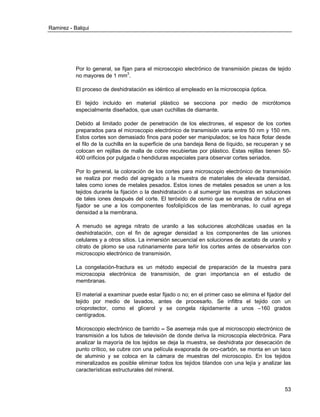 Ramirez - Balqui 
53 
Por lo general, se fijan para el microscopio electrónico de transmisión piezas de tejido no mayores de 1 mm3. 
El proceso de deshidratación es idéntico al empleado en la microscopia óptica. 
El tejido incluido en material plástico se secciona por medio de micrótomos especialmente diseñados, que usan cuchillas de diamante. 
Debido al limitado poder de penetración de los electrones, el espesor de los cortes preparados para el microscopio electrónico de transmisión varia entre 50 nm y 150 nm. Estos cortes son demasiado finos para poder ser manipulados; se los hace flotar desde el filo de la cuchilla en la superficie de una bandeja llena de líquido, se recuperan y se colocan en rejillas de malla de cobre recubiertas por plástico. Estas rejillas tienen 50- 400 orificios por pulgada o hendiduras especiales para observar cortes seriados. 
Por lo general, la coloración de los cortes para microscopio electrónico de transmisión se realiza por medio del agregado a la muestra de materiales de elevada densidad, tales como iones de metales pesados. Estos iones de metales pesados se unen a los tejidos durante la fijación o la deshidratación o al sumergir las muestras en soluciones de tales iones después del corte. El teróxido de osmio que se emplea de rutina en el fijador se une a los componentes fosfolipídicos de las membranas, lo cual agrega densidad a la membrana. 
A menudo se agrega nitrato de uranilo a las soluciones alcohólicas usadas en la deshidratación, con el fin de agregar densidad a los componentes de las uniones celulares y a otros sitios. La inmersión secuencial en soluciones de acetato de uranilo y citrato de plomo se usa rutinariamente para teñir los cortes antes de observarlos con microscopio electrónico de transmisión. 
La congelación-fractura es un método especial de preparación de la muestra para microscopia electrónica de transmisión, de gran importancia en el estudio de membranas. 
El material a examinar puede estar fijado o no; en el primer caso se elimina el fijador del tejido por medio de lavados, antes de procesarlo. Se infiltra el tejido con un crioprotector, como el glicerol y se congela rápidamente a unos –160 grados centígrados. 
Microscopio electrónico de barrido – Se asemeja más que al microscopio electrónico de transmisión a los tubos de televisión de donde deriva la microscopia electrónica. Para analizar la mayoría de los tejidos se deja la muestra, se deshidrata por desecación de punto crítico, se cubre con una película evaporada de oro-carbón, se monta en un taco de aluminio y se coloca en la cámara de muestras del microscopio. En los tejidos mineralizados es posible eliminar todos los tejidos blandos con una lejía y analizar las características estructurales del mineral.  