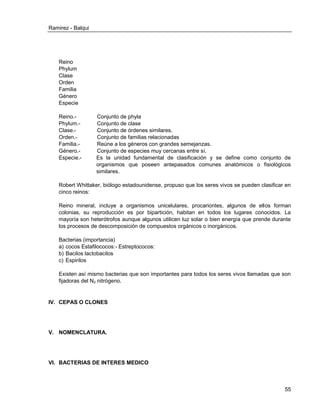Ramirez - Balqui 
55 
Reino 
Phylum 
Clase 
Orden 
Familia 
Género 
Especie 
Reino.- Conjunto de phyla 
Phylum.- Conjunto de clase 
Clase.- Conjunto de órdenes similares. 
Orden.- Conjunto de familias relacionadas 
Familia.- Reúne a los géneros con grandes semejanzas. 
Género.- Conjunto de especies muy cercanas entre sí. 
Especie.- Es la unidad fundamental de clasificación y se define como conjunto de organismos que poseen antepasados comunes anatómicos o fisiológicos similares. 
Robert Whittaker, biólogo estadounidense, propuso que los seres vivos se pueden clasificar en cinco reinos: 
Reino mineral, incluye a organismos unicelulares, procariontes, algunos de ellos forman colonias, su reproducción es por bipartición, habitan en todos los lugares conocidos. La mayoría son heterótrofos aunque algunos utilicen luz solar o bien energía que prende durante los procesos de descomposición de compuestos orgánicos o inorgánicos. 
Bacterias (importancia) 
a) cocos Estafilococos:- Estreptococos: 
b) Bacilos lactobacilos 
c) Espirilos 
Existen así mismo bacterias que son importantes para todos los seres vivos llamadas que son fijadoras del N2 nitrógeno. 
IV. CEPAS O CLONES 
V. NOMENCLATURA. 
VI. BACTERIAS DE INTERES MEDICO 
 