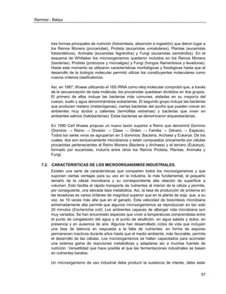 Ramirez - Balqui 
57 
tres formas principales de nutrición (fotosíntesis, absorción e ingestión) que dieron lugar a los Reinos Monera (procariotas), Protista (eucariotas unicelulares), Plantae (eucariotas fotosintéticos), Animalia (eucariotas fagotrofos) y Fungi (eucariotas osmotrofos). En el esquema de Whittaker los microorganismos quedaron incluidos en los Reinos Monera (bacterias), Protista (protozoos y microalgas) y Fungi (hongos filamentosos y levaduras). Hasta este momento se utilizaron características morfológicas y fisiológicas hasta que el desarrollo de la biología molecular permitió utilizar los constituyentes moleculares como nuevos criterios clasificatorios. 
Así, en 1987, Woese utilizando el 16S rRNA como reloj molecular comprobó que, a través de la secuenciación de esta molécula, los procariotas quedaban divididos en dos grupos. El primero de ellos incluye las bacterias más comunes, aisladas en su mayoría del cuerpo, suelo y agua denominándose eubacterias. El segundo grupo incluye las bacterias que producen metano (metanógenas), ciertas bacterias del azufre que pueden crecer en ambientes muy ácidos y calientes (termófilas extremas) y bacterias que viven en ambientes salinos (halobacterias). Estas bacterias se denominaron arqueobacterias. 
En 1990 Carl Woese propuso un nuevo taxón superior a Reino que denominó Dominio (Dominio → Reino → División → Clase → Orden → Familia → Género → Especie). Todos los seres vivos se agruparían en 3 dominios: Bacteria, Archaea y Eukarya. De los cuales, dos son exclusivamente microbianos y están compuestos únicamente por células procariotas pertenecientes al Reino Monera (Bacteria y Archaea) y el tercero (Eukarya), formado por eucariotas, incluiría entre otros los Reinos Protista, Plantae, Animalia y Fungi. 
7.2. CARACTERISTICAS DE LOS MICROORGANISMOS INDUSTRIALES. 
Existen una serie de características que comparten todos los microorganismos y que suponen ciertas ventajas para su uso en la industria. la más fundamental, el pequeño tamaño de la célula microbiana y su correspondiente alta relación de superficie a volumen. Esto facilita el rápido transporte de nutrientes al interior de la célula y permite, por consiguiente, una elevada tasa metabólica. Así, la tasa de producción de proteína en las levaduras es varios órdenes de magnitud superior que en la planta de soja, que, a su vez, es 10 veces más alta que en el ganado. Esta velocidad de biosíntesis microbiana extremadamente alta permite que algunos microorganismos se reproduzcan en tan solo 20 minutos (Escherichia coli). Los ambientes capaces de albergar vida microbiana son muy variados. Se han encontrado especies que viven a temperaturas comprendidas entre el punto de congelación del agua y el punto de ebullición, en agua salada y dulce, en presencia y en ausencia de aire. Algunos han desarrollado ciclos de vida que incluyen una fase de latencia en respuesta a la falta de nutrientes: en forma de esporas permanecen inactivos durante años hasta que el medio ambiente, más favorable, permita el desarrollo de las células. Los microorganismos se hallan capacitados para acometer una extensa gama de reacciones metabólicas y adaptarse así a muchas fuentes de nutrición. Versatilidad que hace posible el que las fermentaciones industriales se basen en nutrientes baratos. 
Un microorganismo de uso industrial debe producir la sustancia de interés; debe estar  
