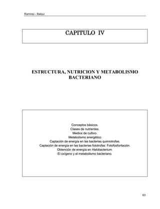 Ramirez - Balqui 
63 
CAPITULO IV 
ESTRUCTURA, NUTRICION Y METABOLISMO BACTERIANO 
Concepttos básiicos.. 
Cllases de nuttrriienttes.. 
Mediios de cullttiivo.. 
Mettabolliismo enerrgéttiico 
Capttaciión de enerrgíía en llas bactterriias quiimiiottrroffas.. 
Capttaciión de enerrgíía en llas bactterriias ffottottrroffas:: Fottoffosfforriillaciión.. 
Obttenciión de enerrgíía en Hallobactterriium.. 
Ell oxíígeno y ell mettabolliismo bactterriiano.. 
 
