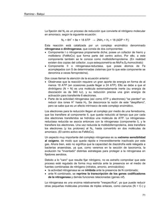 Ramirez - Balqui 
71 
La fijación del N2 es un proceso de reducción que convierte el nitrógeno molecular en amoniaco, según la siguiente ecuación: 
N2 + 8H+ + 8e + 18 ATP → 2NH3 + H2 + 18 (ADP + Pi) 
Esta reacción está catalizada por un complejo enzimático denominado nitrogenasa o dinitrogenasa, que consta de dos componentes: 
 Componente I o nitrogenasa propiamente dicha; posee un cofactor de hierro y molibdeno (FeMoCo) que forma parte del centro activo. Por ello, a este componente también se le conoce como molibdoferroproteína. (En realidad existen dos copias del cofactor, cuya estequiometría es MoFe7S9-homocitrato) 
 Componente II o nitrogenasa-reductasa, que posee átomos de Fe acomplejados con S de determinadas cisteínas (por lo que este componente se denomina a veces ferroproteína). 
Dos cosas llaman la atención de la ecuación anterior: 
 Obsérvese que la reacción requiere un gran aporte de energía en forma de al menos 18 ATP (en ocasiones puede llegar a 24 ATP). Ello se debe a que el dinitrógeno (N = N) es una molécula extremadamente inerte (su energía de disociación es de 940 kJ), y su reducción precisa una gran energía de activación para transferirle 6 electrones. 
 Parte de la actividad nitrogenasa (así como ATP y electrones) "se pierden" en reducir dos iones H+ hasta H2. Se desconoce la razón de este "despilfarro", pero se sabe que es un efecto intrínseco de este complejo enzimático. 
Los electrones para la reducción llegan al complejo por medio de una ferredoxina, que los transfiere al componente II, que queda reducido al tiempo que por cada dos electrones transferidos se hidroliza una molécula de ATP. La nitrogenasa- reductasa reducida se asocia entonces con la nitrogenasa (componente I), y le transfiere los electrones. Una vez reducida la molibdoferroproteína, ésta transfiere los electrones (y los protones) al N2, hasta convertirlo en dos moléculas de amoniaco. (El centro activo es FeMoCo). 
Un aspecto muy importante del complejo nitrogenasa es su extrema sensibilidad al oxígeno, de modo que queda rápida e irreversiblemente inactivado por este gas. Ahora bien, esto no significa que la capacidad de diazotrofía esté relegada a bacterias anaerobias, ya que, como veremos en la sección de taxonomía, la evolución ha "inventado" distintas estrategias para proteger a la nitrogenasa en fijadores aerobios. 
Debido a lo "caro" que resulta fijar nitrógeno, no es extraño comprobar que este proceso esté regulado de forma muy estricta ante la presencia en el medio de fuentes combinadas de nitrógeno (nitratos, amonio, aminoácidos): 
 la actividad nitrogenasa se ve inhibida ante la presencia de N combinado; 
 ante N combinado, se reprime la transcripción de los genes codificadores de la nitrogenasa y demás funciones relacionadas (genes nif). 
La nitrogenasa es una enzima relativamente "inespecífica", ya que puede reducir otras pequeñas moléculas provistas de triples enlaces, como cianuros (N = C-) y  