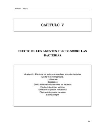 Ramirez - Balqui 
89 
CAPITULO V 
EFECTO DE LOS AGENTES FISICOS SOBRE LAS BACTERIAS 
I 
Inttrroducciión:: Effectto de llos ffacttorres ambiienttalles sobrre llas bactterriias.. 
Effectto de lla Temperratturra.. 
Liioffiilliizaciión 
Desecaciión 
Effectto de llas rradiiaciiones sobrre llas bactterriias 
Effectto de llas ondas sonorras 
Effecttos de lla prresiión hiidrrosttáttiica 
Effecttos de lla prresiión osmóttiica 
Effecttos dell pH 
 