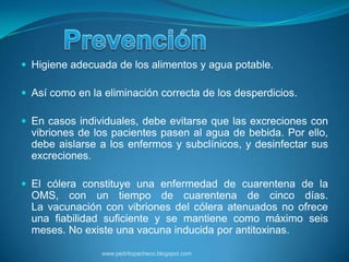  Higiene adecuada de los alimentos y agua potable.

 Así como en la eliminación correcta de los desperdicios.

 En casos individuales, debe evitarse que las excreciones con
  vibriones de los pacientes pasen al agua de bebida. Por ello,
  debe aislarse a los enfermos y subclínicos, y desinfectar sus
  excreciones.

 El cólera constituye una enfermedad de cuarentena de la
  OMS, con un tiempo de cuarentena de cinco días.
  La vacunación con vibriones del cólera atenuados no ofrece
  una fiabilidad suficiente y se mantiene como máximo seis
  meses. No existe una vacuna inducida por antitoxinas.

                www.pedritopacheco.blogspot.com
 