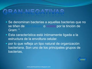  Se denominan bacterias a aquellas bacterias que no
  se tiñen de azul oscuro o violeta por la tinción de
  Gram: ".
 Esta característica está íntimamente ligada a la
  estructura de la envoltura celular.
 por lo que refleja un tipo natural de organización
  bacteriana. Son uno de los principales grupos de
  bacterias,

                                                    volver



               www.pedritopacheco.blogspot.com
 