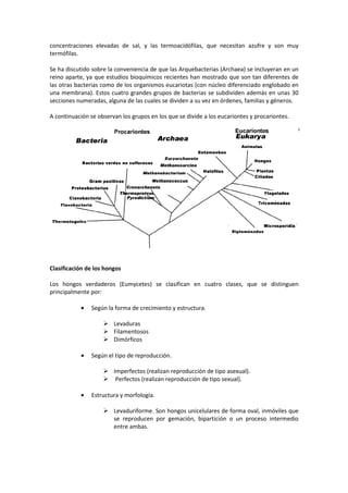 concentraciones elevadas de sal, y las termoacidófilas, que necesitan azufre y son muy 
termófilas. 
Se ha discutido sobre la conveniencia de que las Arquebacterias (Archaea) se incluyeran en un 
reino aparte, ya que estudios bioquímicos recientes han mostrado que son tan diferentes de 
las otras bacterias como de los organismos eucariotas (con núcleo diferenciado englobado en 
una membrana). Estos cuatro grandes grupos de bacterias se subdividen además en unas 30 
secciones numeradas, alguna de las cuales se dividen a su vez en órdenes, familias y géneros. 
A continuación se observan los grupos en los que se divide a los eucariontes y procariontes. 
Clasificación de los hongos 
Los hongos verdaderos (Eumycetes) se clasifican en cuatro clases, que se distinguen 
principalmente por: 
· Según la forma de crecimiento y estructura. 
 Levaduras 
 Filamentosos 
 Dimórficos 
· Según el tipo de reproducción. 
 Imperfectos (realizan reproducción de tipo asexual). 
 Perfectos (realizan reproducción de tipo sexual). 
· Estructura y morfología. 
 Levaduriforme. Son hongos unicelulares de forma oval, inmóviles que 
se reproducen por gemación, bipartición o un proceso intermedio 
entre ambas. 
 