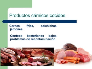 Productos cárnicos cocidos
Carnes frías, salchichas,
jamones.
Conteos bacterianos bajos,
problemas de recontaminación.
 