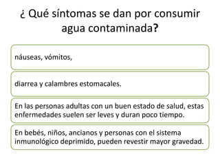 ¿ Qué síntomas se dan por consumir
agua contaminada?
náuseas, vómitos,
diarrea y calambres estomacales.
En las personas adultas con un buen estado de salud, estas
enfermedades suelen ser leves y duran poco tiempo.
En bebés, niños, ancianos y personas con el sistema
inmunológico deprimido, pueden revestir mayor gravedad.

 