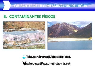 B.- CONTAMINANTES FÍSICOS <ul><li>Relaves Mineros (Metales tóxicos). </li></ul><ul><li>Sedimentos (Rocas molidas y barro)....
