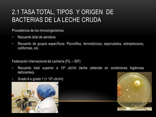 Procedencia de los microorganismos
• Recuento total de aerobios
• Recuento de grupos específicos: Psicrofilos, termodúricos, esporulados, estreptococos,
coliformes, etc.
Federación Internacional de Lechería (FIL – IDF)
• Recuento total superior a 105 ufc/ml (leche obtenida en condiciones higiénicas
deficientes).
• Grado A o grado 1 (< 105 ufc/ml)
2.1 TASA TOTAL, TIPOS Y ORIGEN DE
BACTERIAS DE LA LECHE CRUDA
 