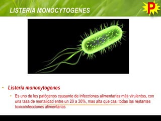 LISTERIA MONOCYTOGENES
• Listeria monocytogenes
• Es uno de los patógenos causante de infecciones alimentarias más virulentos, con
una tasa de mortalidad entre un 20 a 30%, mas alta que casi todas las restantes
toxicoinfecciones alimentarias
 
