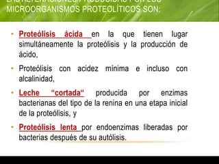 LAS ALTERACIONES PRODUCIDAS POR LOS
MICROORGANISMOS PROTEOLÍTICOS SON:
• Proteólisis ácida en la que tienen lugar
simultáneamente la proteólisis y la producción de
ácido,
• Proteólisis con acidez mínima e incluso con
alcalinidad,
• Leche “cortada“ producida por enzimas
bacterianas del tipo de la renina en una etapa inicial
de la proteólisis, y
• Proteólisis lenta por endoenzimas liberadas por
bacterias después de su autólisis.
 