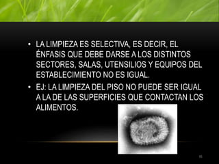 LIMPIEZA DE TODO??
85
• LA LIMPIEZA ES SELECTIVA, ES DECIR, EL
ÉNFASIS QUE DEBE DARSE A LOS DISTINTOS
SECTORES, SALAS, UTENSILIOS Y EQUIPOS DEL
ESTABLECIMIENTO NO ES IGUAL.
• EJ: LA LIMPIEZA DEL PISO NO PUEDE SER IGUAL
A LA DE LAS SUPERFICIES QUE CONTACTAN LOS
ALIMENTOS.
 