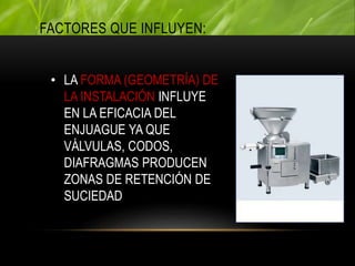 • LA FORMA (GEOMETRÍA) DE
LA INSTALACIÓN INFLUYE
EN LA EFICACIA DEL
ENJUAGUE YA QUE
VÁLVULAS, CODOS,
DIAFRAGMAS PRODUCEN
ZONAS DE RETENCIÓN DE
SUCIEDAD
FACTORES QUE INFLUYEN:
 