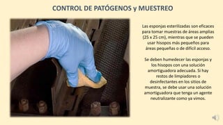 Las esponjas esterilizadas son eficaces
para tomar muestras de áreas amplias
(25 x 25 cm), mientras que se pueden
usar hisopos más pequeños para
áreas pequeñas o de difícil acceso.
Se deben humedecer las esponjas y
los hisopos con una solución
amortiguadora adecuada. Si hay
restos de limpiadores o
desinfectantes en los sitios de
muestra, se debe usar una solución
amortiguadora que tenga un agente
neutralizante como ya vimos.
CONTROL DE PATÓGENOS y MUESTREO
 