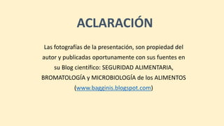 ACLARACIÓN
Las fotografías de la presentación, son propiedad del
autor y publicadas oportunamente con sus fuentes en
su Blog científico: SEGURIDAD ALIMENTARIA,
BROMATOLOGÍA y MICROBIOLOGÍA de los ALIMENTOS
(www.bagginis.blogspot.com)
 